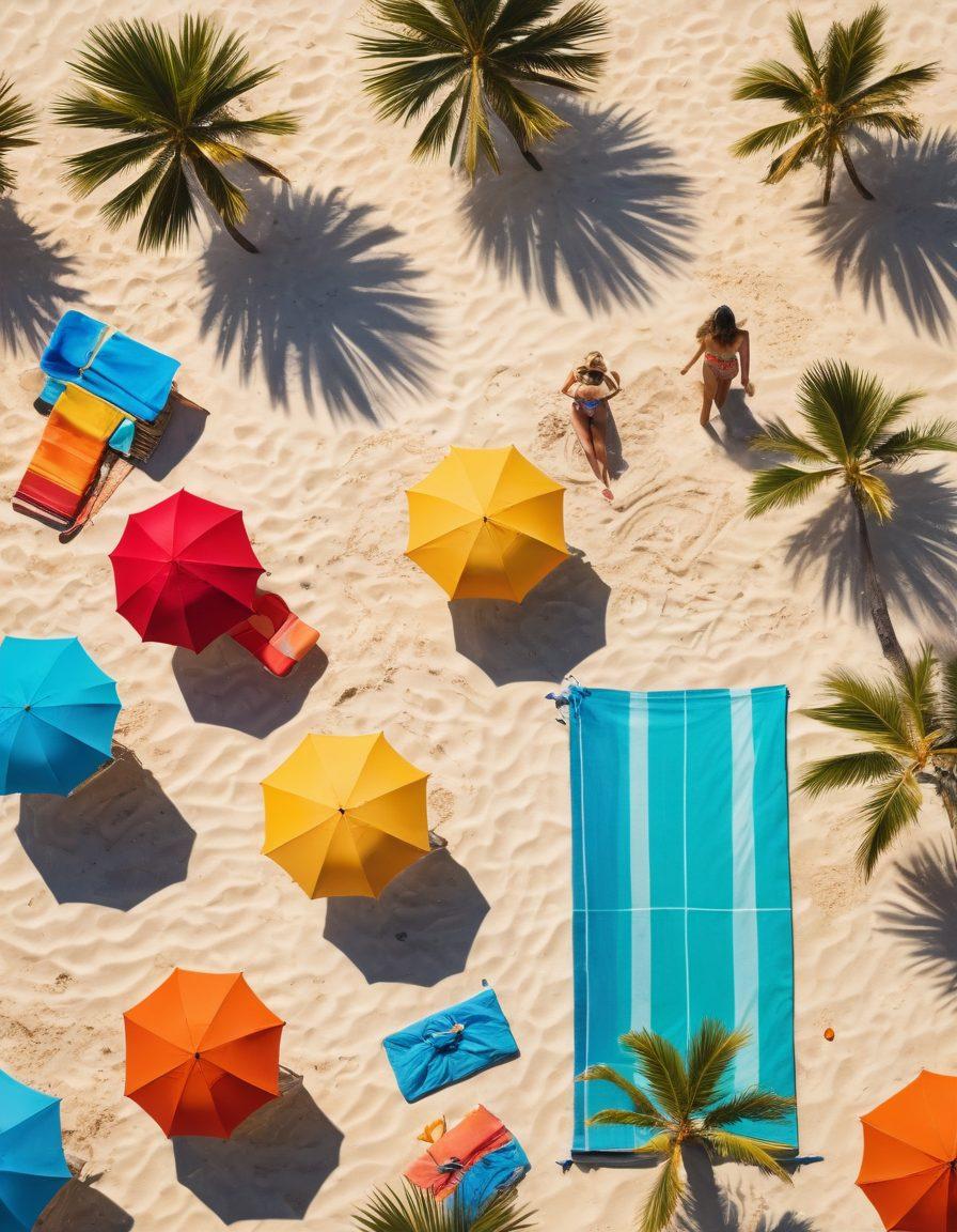 A stunning beach scene showcasing a diverse group of stylish individuals wearing the latest swimwear trends, with vibrant beach umbrellas and soft sand in the background. Include vibrant tropical elements like palm trees and bright beach towels, as well as fashionable accessories such as sunglasses and beach bags. The atmosphere should radiate fun and relaxation, capturing the essence of a perfect beach day. super-realistic. vibrant colors. sunny atmosphere.