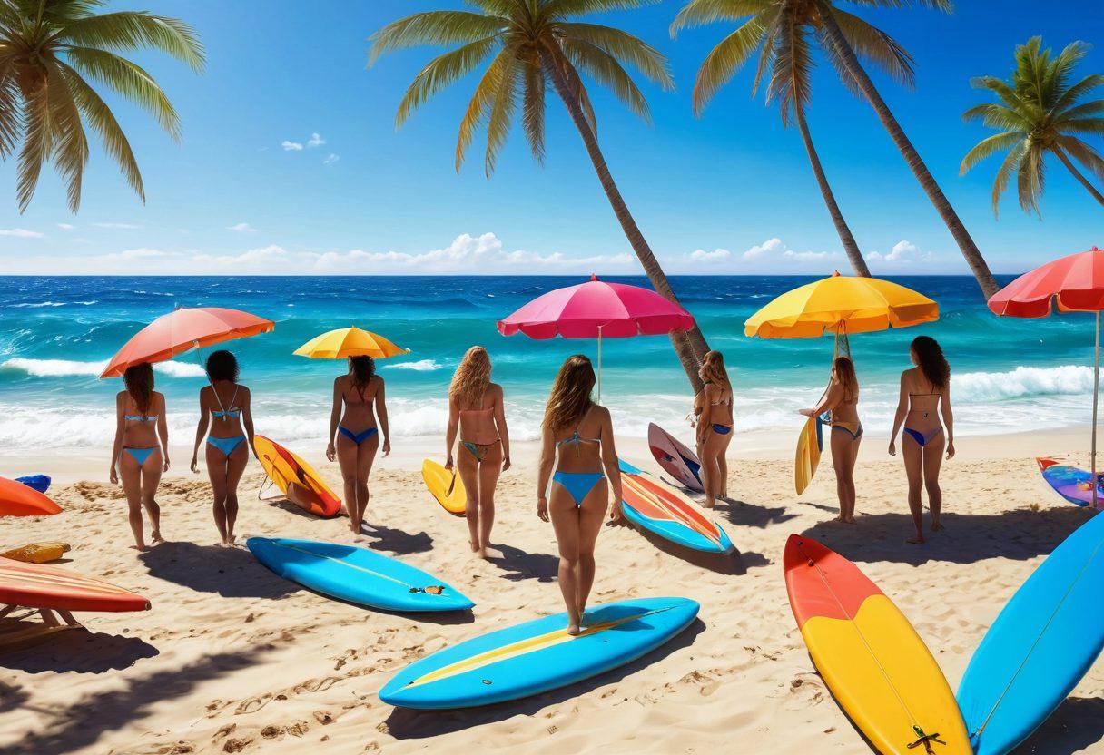 A sunny beach scene featuring diverse women showcasing the latest bikini trends, surrounded by colorful beach umbrellas and vibrant surfboards, with waves crashing in the background. The atmosphere is lively and inviting, capturing the essence of a perfect beach vacation. Include bright and cheerful summer colors. super-realistic. vibrant colors. 3D.