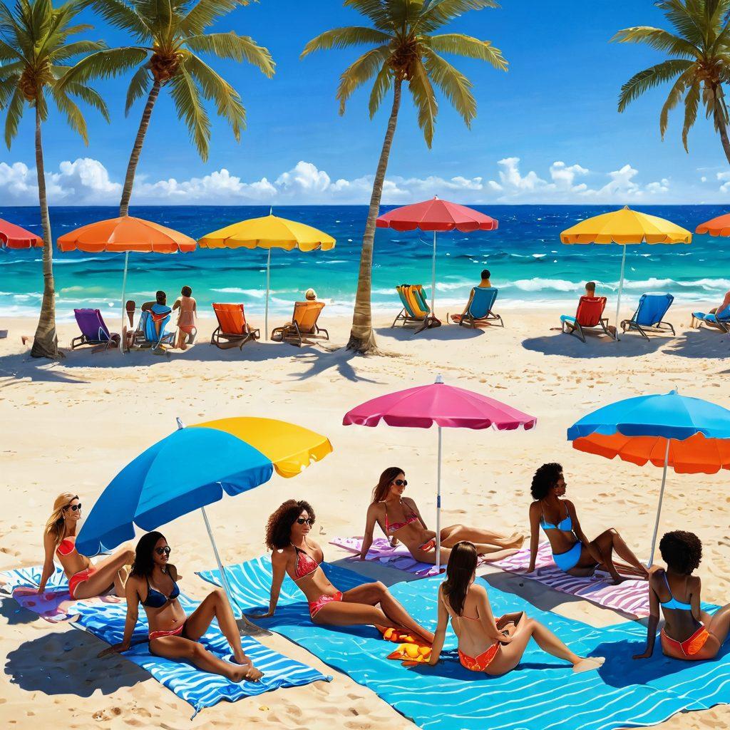 A sun-soaked beach scene featuring a diverse group of people showcasing various stylish two-piece swimwear, vibrant beach umbrellas and colorful towels scattered around. Include a sparkling blue ocean and clear skies, with palm trees swaying gently in the background. Incorporate a playful atmosphere, capturing the essence of summer fun. super-realistic. vibrant colors. warm tones.